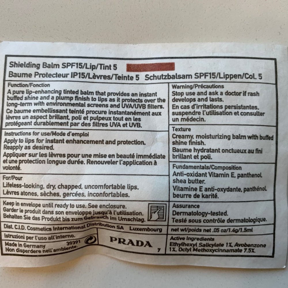 PRADA SHIELDING BALM SPF 15 LIP TINT #5